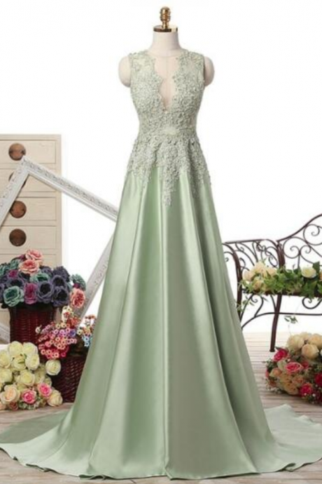 Elegant A Line Long Prom Dresses Satin With Applique Lace Evening Party Dress Real Photos