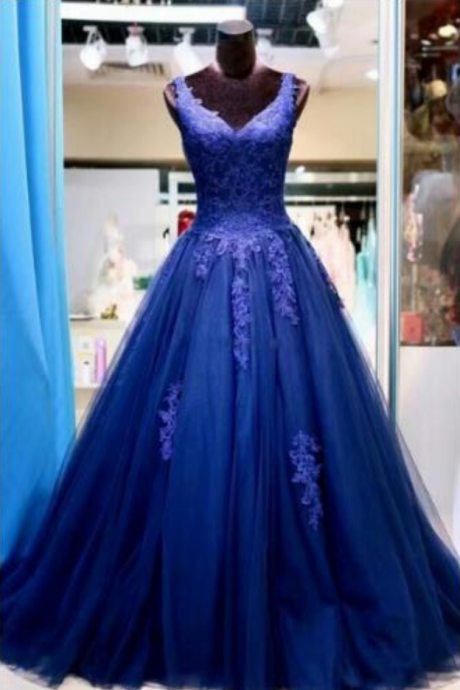 V-neck Sleeveless Lace Applique Crytsal Organza Prom Dresses Custom Made Lace Evening Prom Gown