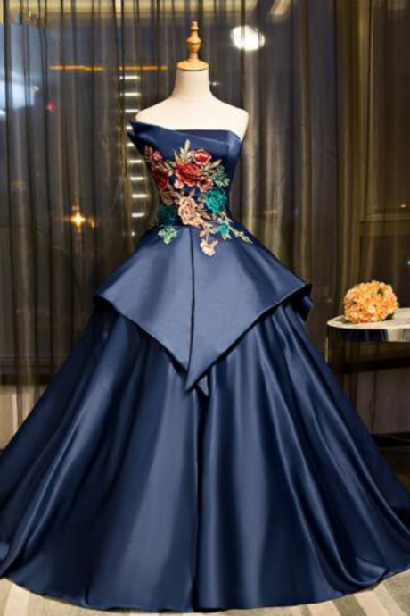 Gorgeous Navy Blue Embroidery Applique Sexy Pageant Party Dress Women Strapless Floor Length Ball Gown