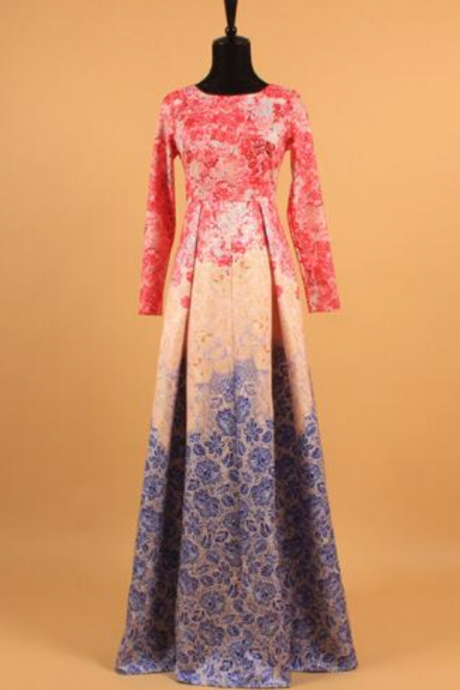  New Fashion Elegant Petals Print Expansion Bottom Full Sleeve Ball Gown Cotton Print Long Dress