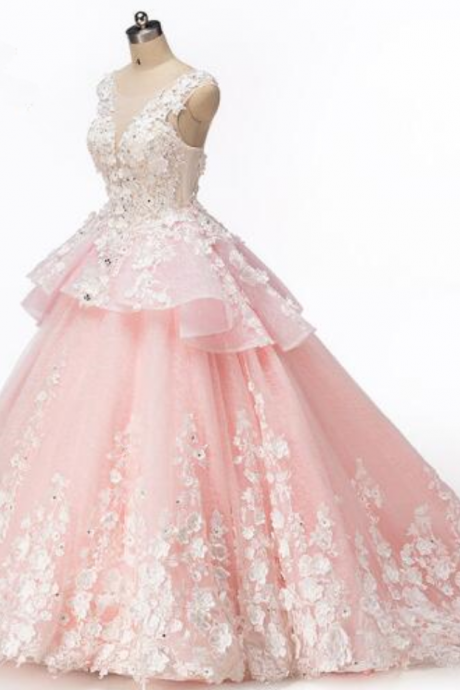 Sheer Pink Ball Gown Evening Dresses Crystal Beaded Lace Formal Dress Party
