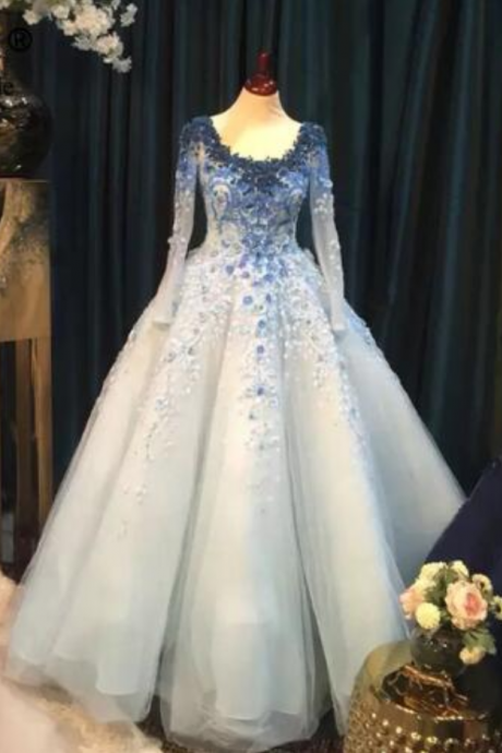 Sky Blue Ball Gown Evening Dress Luxury Beaded 3D Flowers Arabic Wedding Party Dresses New Long Evening Gown