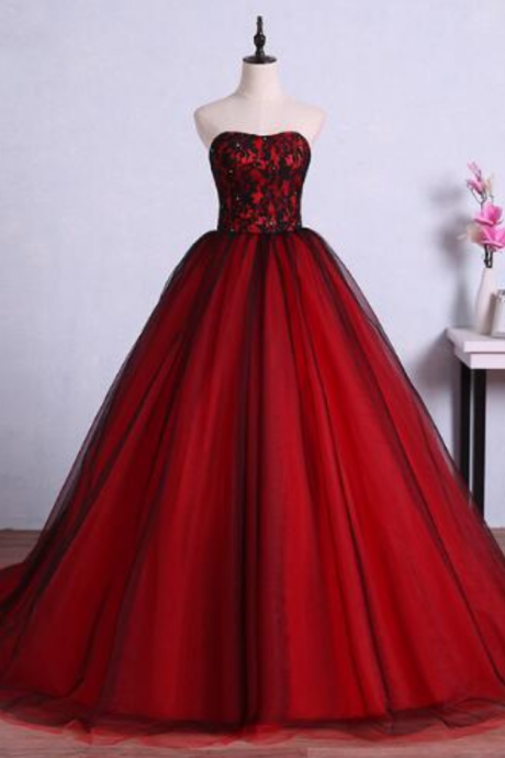 Red And Black Evening Dresses Style Strapless Evening Gowns Sexy Illusion Lace Ball Gown Puffy Wedding Party Dresses