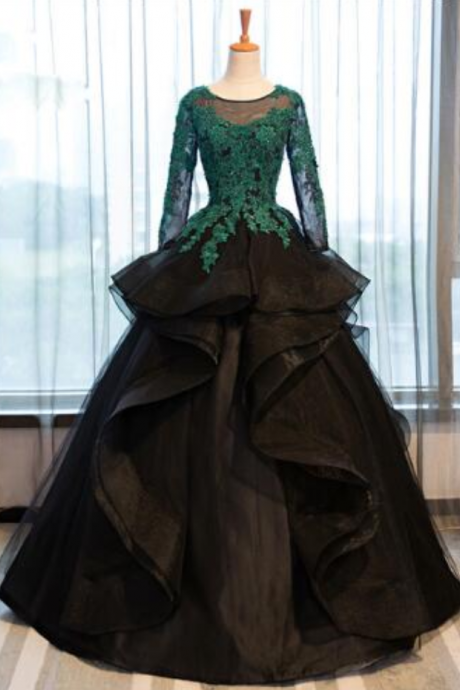 Black Long Sleeve Prom Dresses Costume Applique Lace Sheer Tulle Evening Dress Banquet Ball Gowns Formal Gown