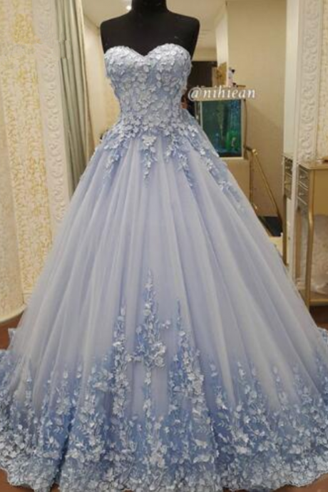 Fashion Blue Evening Dresses Appliques Lace Ball Gown Puffy Arabic Dubai Prom Gown With Flowers Wedding Party Dress