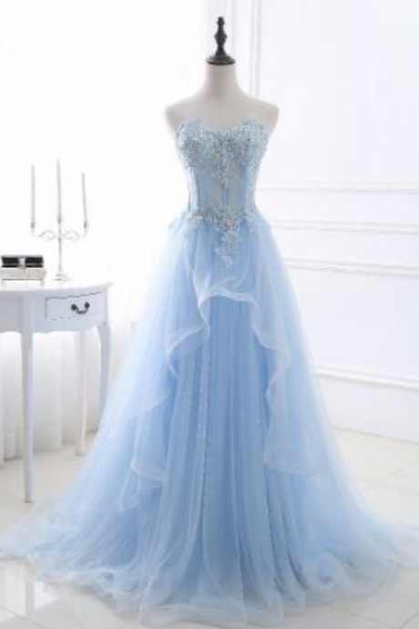 Sexy Backless Luxury Beading Crystal Evening Dress Gown Long Sky Blue Tulle Evening Party Dress