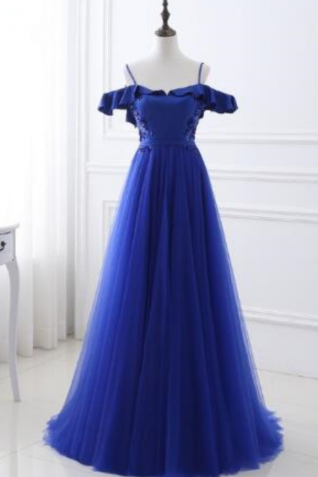 Real Picture Long A Line Evening Dresses Backless Royal Blue Sleeveless Formal Party Prom Gown Robe
