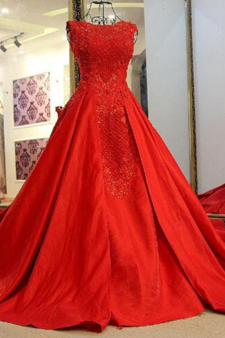 Luxury Crystal Evening Dress Red Beading Satin Sexy Ball Gown Bride Dress Chapel Train Real Picture