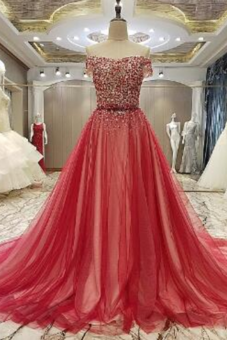 Long Sleeves Beaded Evening Dresses Party Elegant Gowns Red Tulle Ball Gown Women Fashion A Line Floor Length Ball Dress