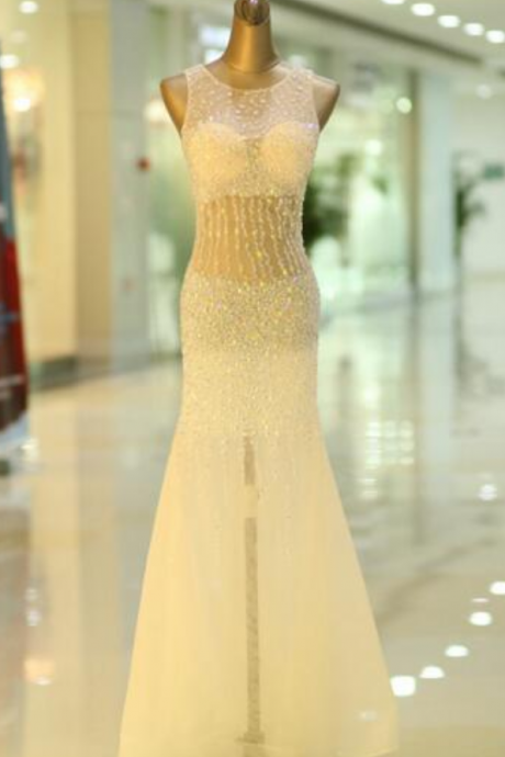 White Scoop Floor Length Mermaid Prom Dresses Elegant Formal Dresses Shiny Crystal Luxury Beaded Prom Dress