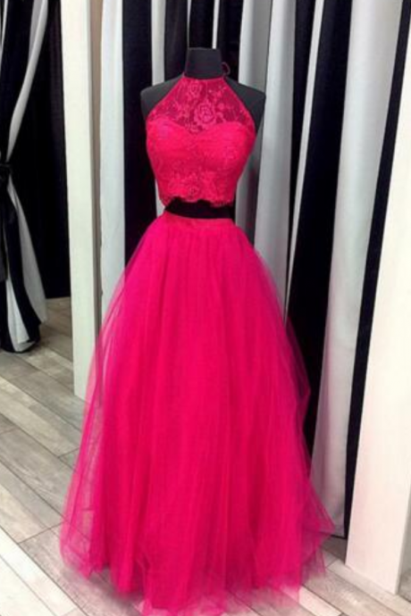 Elegant Prom Dresses Two Pieces Lace Tulle Halter Floor Length Of Sleeves A Line Off Shoulder Dresses Promenade Gown