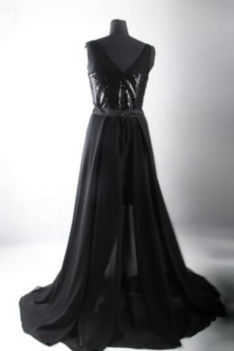  Black V-Neck Sleeveless Cocktail Dresses Fashionable Women's Gauze Sequin Ball Dresses Sexy Evening Dresses