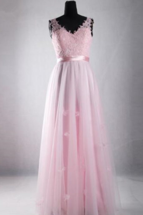 Pink Sweetheart Deep V-neck Decal One-piece Dress A-line Tulle Balloon Dress Lace Decal Cocktail Evening Dress