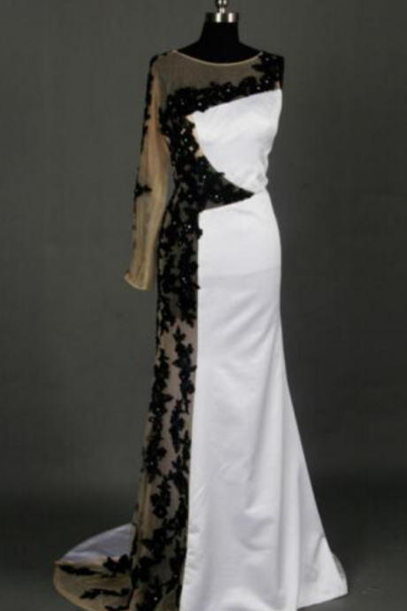 Fashion pizzo nero a manica lunga bianco e side sheer vedere attraverso prom dresses