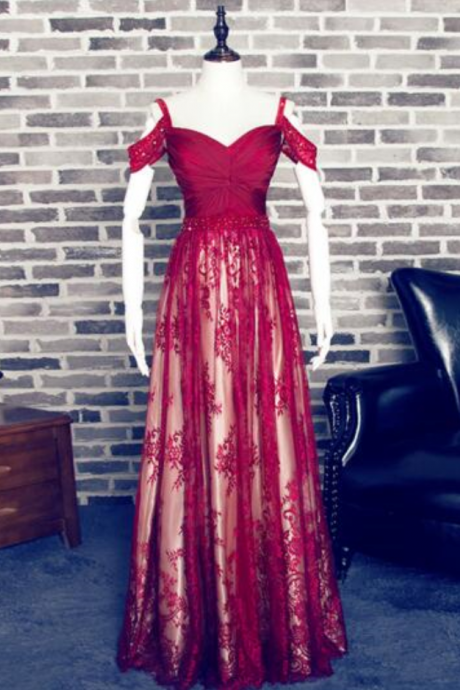 Cinghie Di Spaghetti Prom Dresses Una Linea Perline De Festa Elegante Del Merletto Vestiti Da Partito Formale Borgogna Prom Dresses
