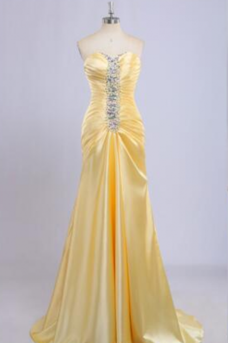 Abiti Della Sirena Prom Dresses Elegante In Rilievo Di Cristallo Della Piega Dell&amp;#039;innamorato Giallo Vestiti
