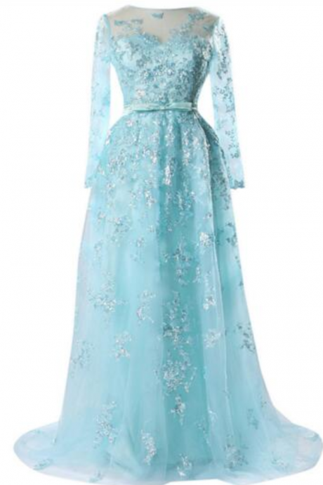 Light Blue A-line Lace Applique Dress Women&amp;#039;s Fashion Prom Dresses Trailing Long-sleeved Dress