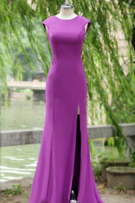 Personalized Purple Scoop Neckline Cap Sleeve Open Back Prom Dresses Chiffon Sexy Floor-length Prom Dresses Slit In The Side