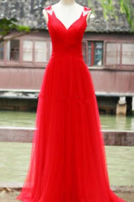 Red Tulle A-line Prom Gown Immagine Reale Sexy Scollo A V Aperto Indietro Pavimento-lunghezza Paillettes Fiori In Rilievo Da Promenade