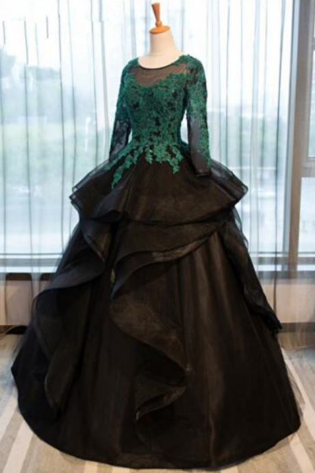 Elegant Fashion Long-sleeved Black Dress Green Evening Dress Prom Dress Applique Women Mopping The Floor