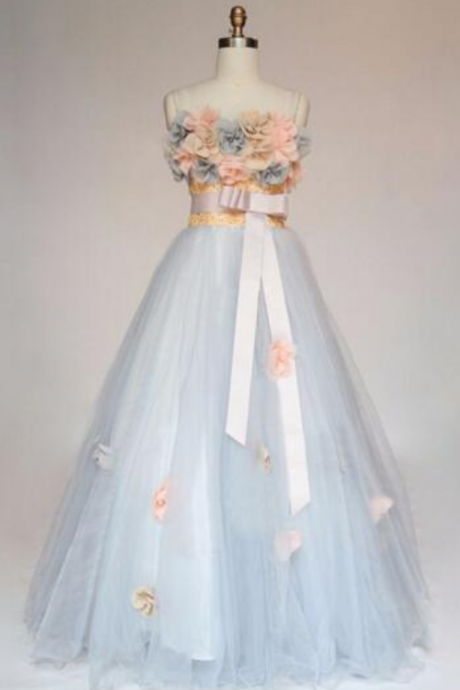Flowers Ball Gown Strapless Cyan Tulle Prom Dresses With Belt Romantic Long Special Occasion Dress