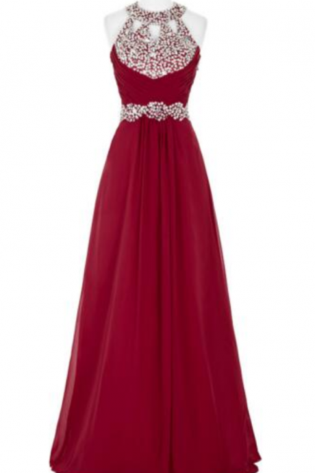 Wine Red Beaded Long Halter Dress Waist Female Fashion Prom Dress Evening Dress