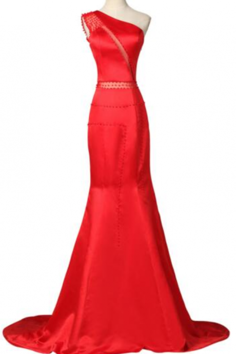 Red Mermaid Prom Dress Floor Length Satin Special Occasion Dresses Beaded Long Prom Dress