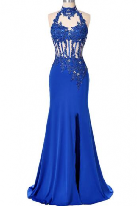 Blue Prom Dress Sexy See Through Backless High Split Formal Dress Long Beaded Sequin Mermaid Prom Dresses Sexy Clairvoyant Outfit