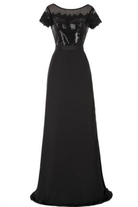 Fashion Black Prom Dresses Sequin Long-sleeve Dress Perspective Evening Dress A-line Lace Evening Dress