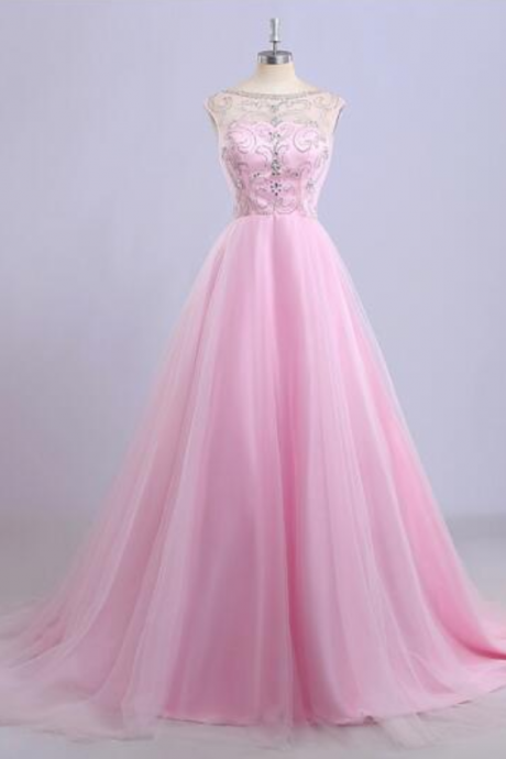 Fashion Woman Cute Pink Tulle Prom Dresses For Women Elegant Beaded Scalloped Neckline Sexy V Back Party Dresses Homecoming Ballkleider Lang