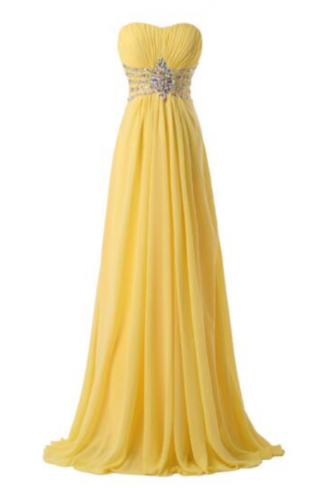 Yellow Ruched Sweetheart Floor Length Chiffon Formal Dress Featuring Beaded Embellishment And Lace-up Back, Prom Dress