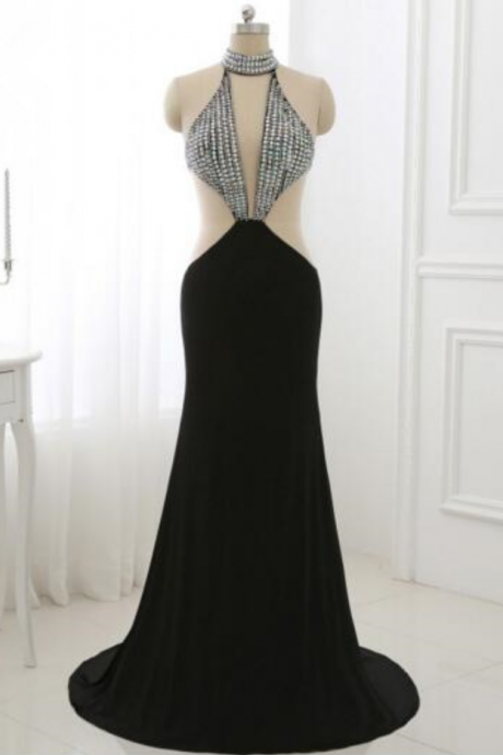 Sexy Black Halter Dress Beaded Maxi Dress Evening Dress Halter Off The Shoulder Floor Length Formal