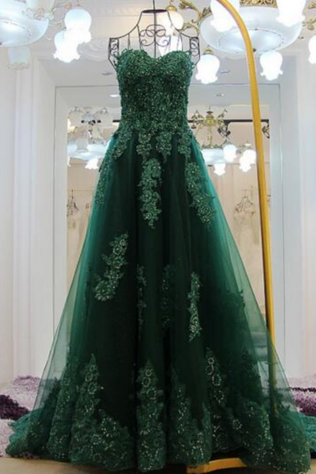 New Emerald Green Lace Decal Evening Dress Women Fashion A Line Tulle Long Evening Dress Sleeveless Tube Top Sexy Prom Dress