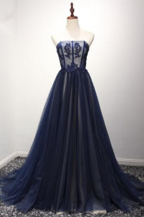 Elegant Strapless Navy Blue Evening Dress Long Off The Shoulder Appliques Formal Party Gowns Robe Bra Fashion Noble Women Dress Prom Dress