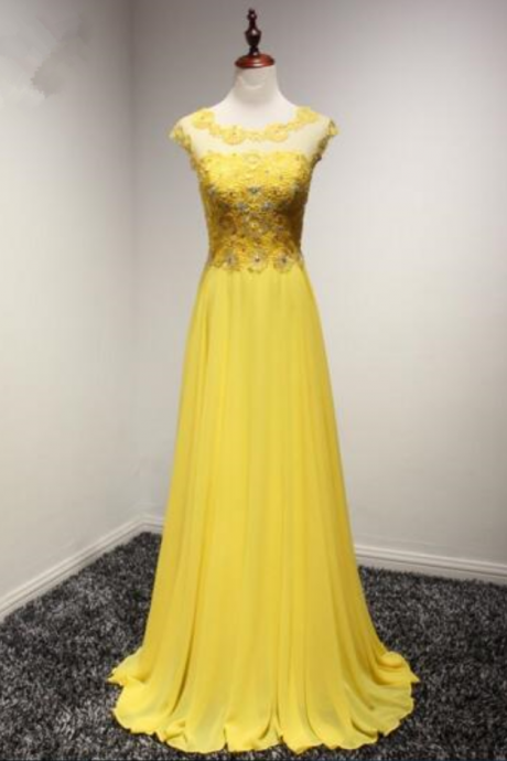Elegant Cap Sleeves Yellow Evening Dresses Long Beaded Appliques Evening Gowns Women Robe Women's Sleeveless Evening Dresses