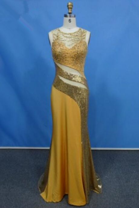 Gorgeous Golden Mermaid Jersey Prom Dress Long Scoop Neck Sequined Floor Length Evening Party Dress 