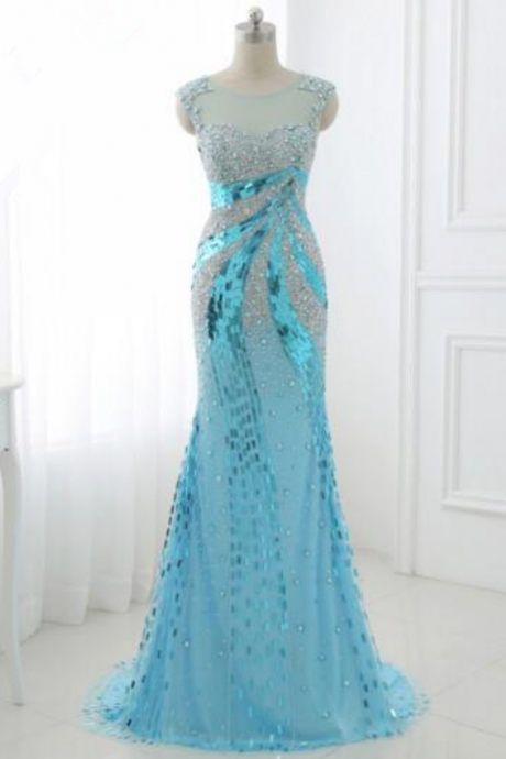Fashionable women's party dress Blue beaded sequins Mermaid dance dress Bridesmaid dress