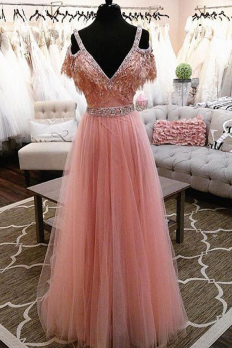 Luxurious A-line Off-shoulder V-neck Pink Tulle Long Prom Dress With Beading