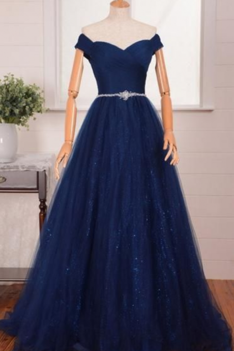 Elegant Navy Blue Fashion Prom Dress Off The Shoulder Straps Prom Dresses Evening Gowns