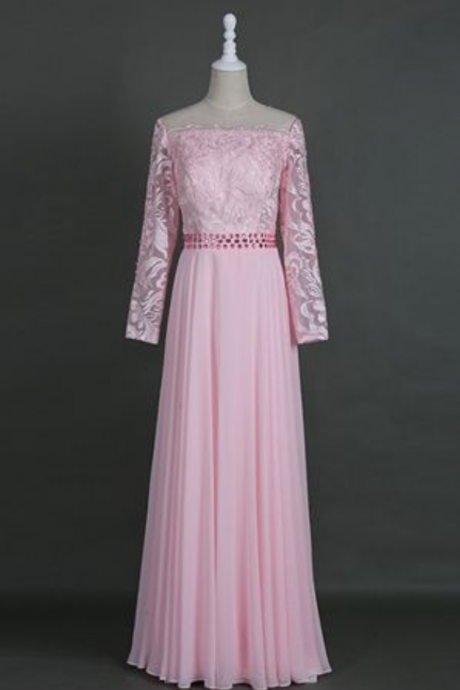  Generous Off Shoulder Long Sleeves Pink Prom Dress with Beading Lace Top