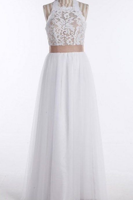 White Halter Floor-length Sleeveless Lace Top Wedding Prom Dress With Champagne Sash