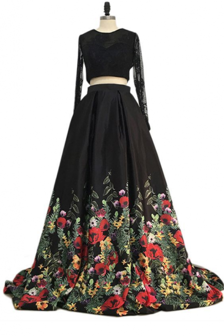 Black Long Sleeves Two Pieces Elegant Affordable Long Prom Dresses