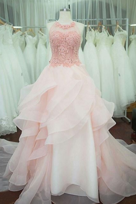  pink round neck lace long prom gown, pink evening dress