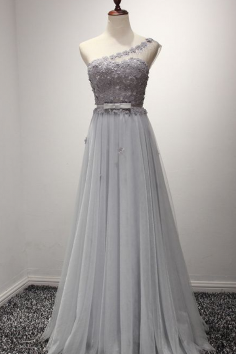 Gray One Shoulder Prom Dress,grecian Prom Formal Dress With Daisy Flower