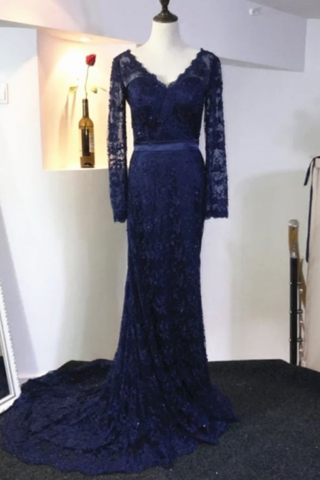 Elegant V Neck Long Sleeves Navy Blue Evening Dresses Lace Mermaid Prom Gowns