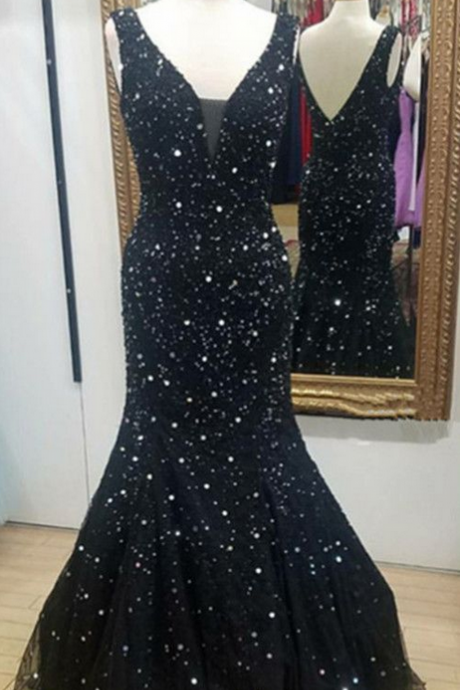 Luxurious Sequins Beaded V Neck Navy Blue Prom Dresses Sparkly Mermaid Evening Gowns