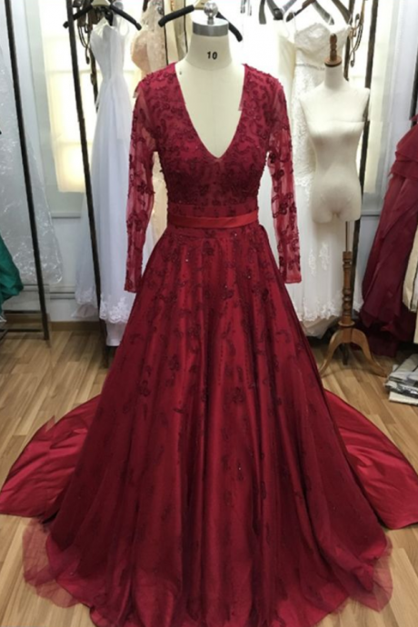 Burgundy Tulle Long Prom Gowns,long Evening Gown With Sleeves
