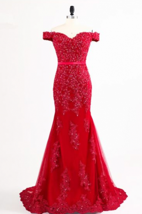 Red Off-the-shoulder Long Beaded Mermaid Prom Evening Dress With Lace Appliqués