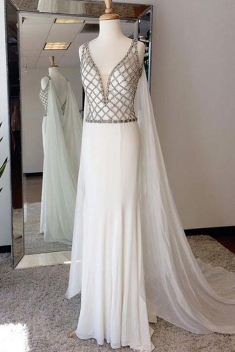 Affordable White Beaded Top V Neck Evening Long Prom Dresses