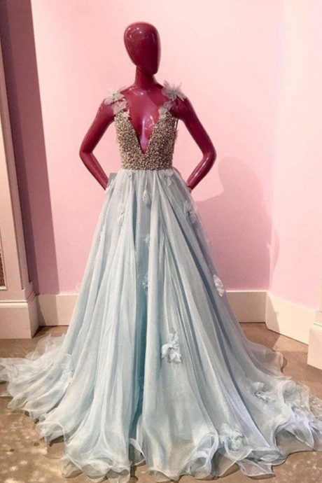 Blue Charming Beaded Top V Neck Affordable Long Prom Dresses
